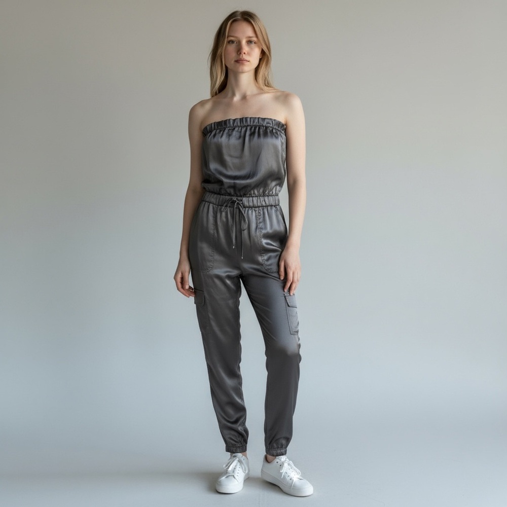 Sincerely Jules Satin Tube top boho flowy Y2K Cargo Jumpsuit metallic sz L